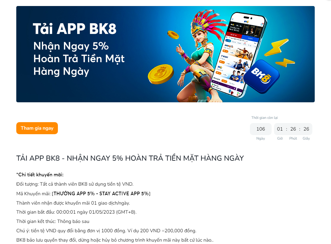 Khuyến mãi tải app BK8 nhận ngay 5% hoàn trả tiền mặt
